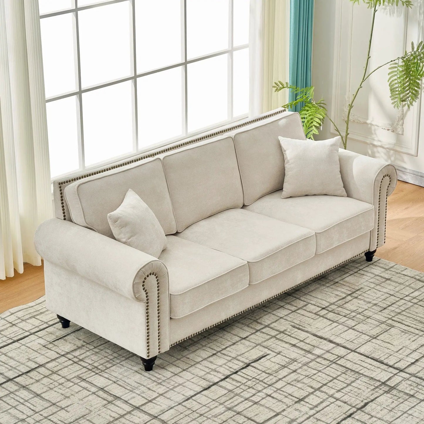 3 Seater sofa with tufted beige upholstery, rolled arms, nailhead trim Unique Piece Furniture on Tampa Home & Garden Store
