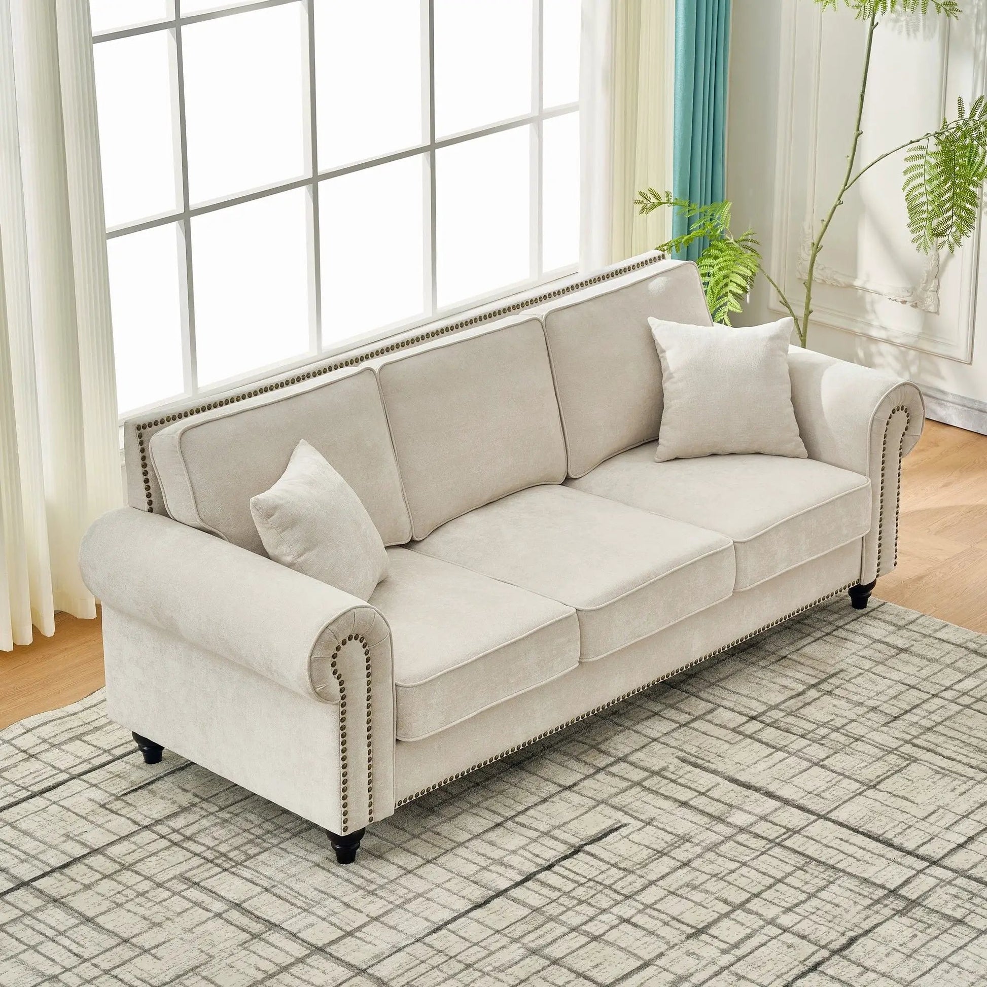 3 Seater sofa with tufted beige upholstery, rolled arms, nailhead trim Unique Piece Furniture on Tampa Home & Garden Store