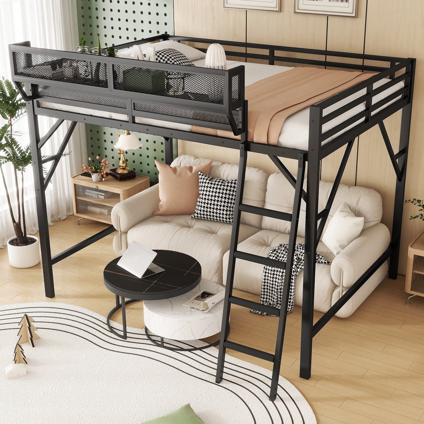 Full size loft bed with ladder and mesh storage panels over a beige sofa in a black metal frame on Tampa Home & Garden Store