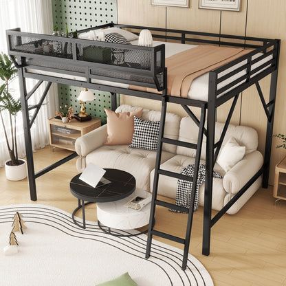 Full size loft bed with ladder and mesh storage panels over a beige sofa in a black metal frame on Tampa Home & Garden Store