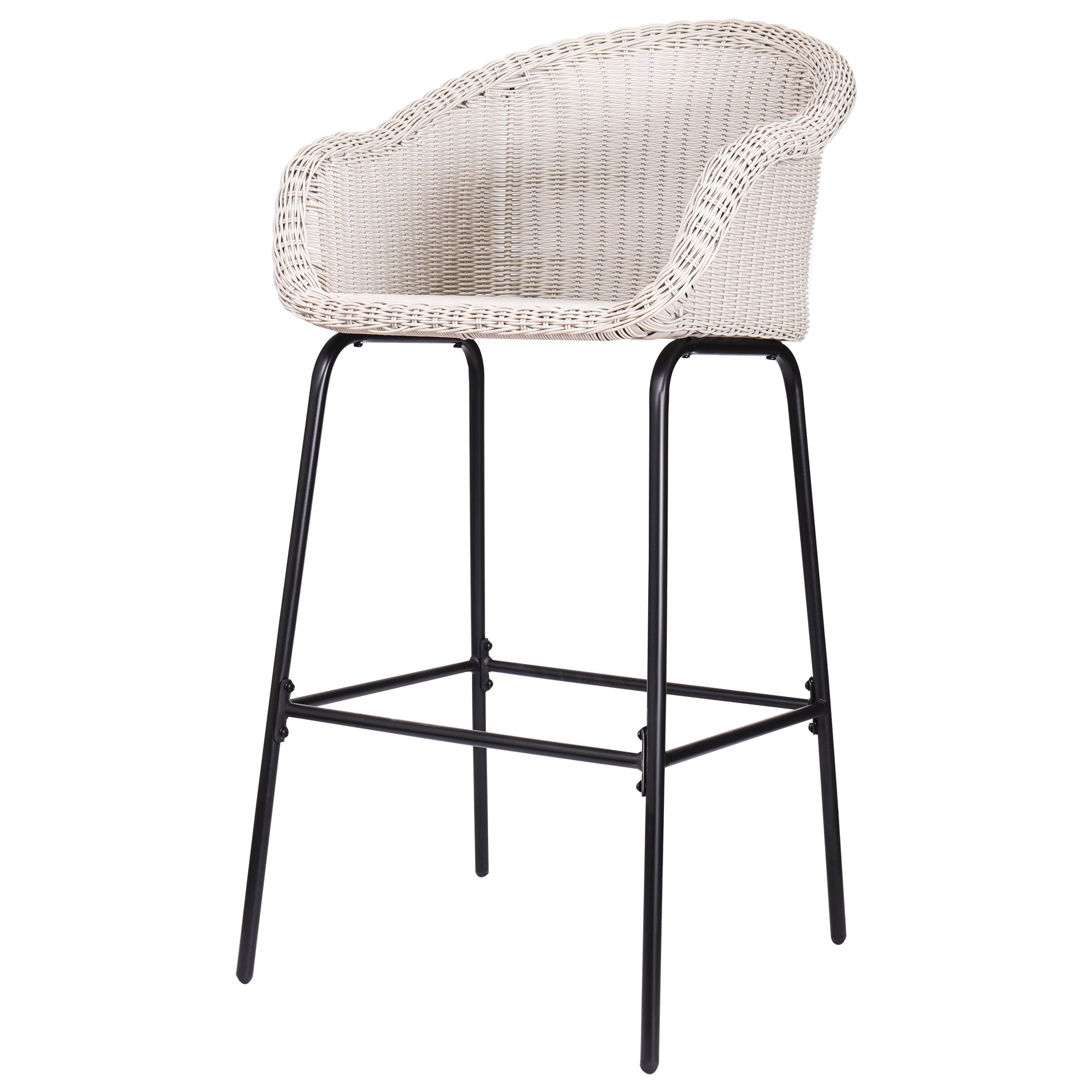 Ladd Outdoor Metal Wicker Barstool set of 2, light gray wicker with black metal legs on Tampa Home & Garden Store
