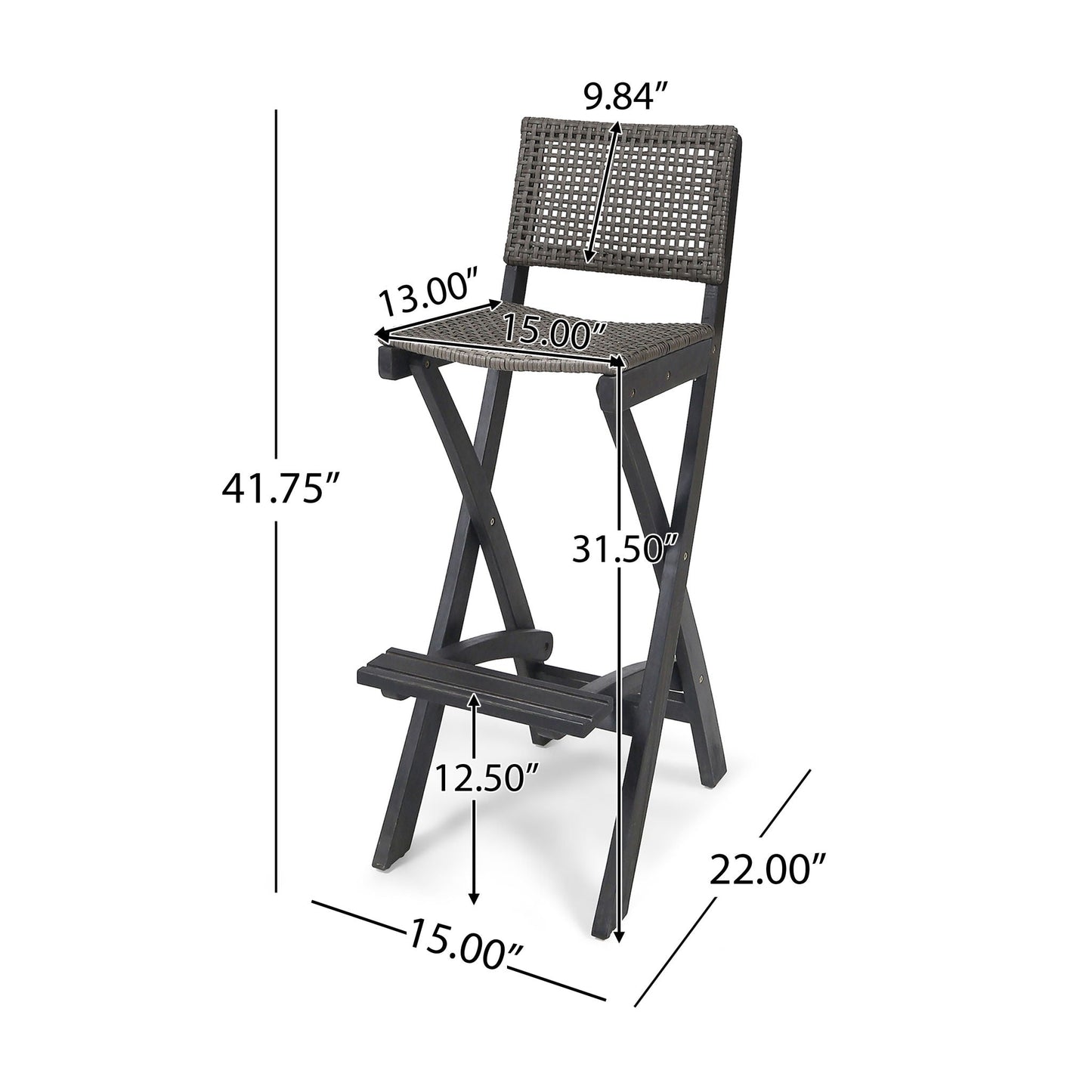 Outdoor folding acacia wood bar stool with woven rattan backrest and seat, black frame on Tampa Home & Garden Store
