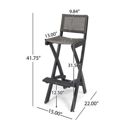 Outdoor folding acacia wood bar stool with woven rattan backrest and seat, black frame on Tampa Home & Garden Store