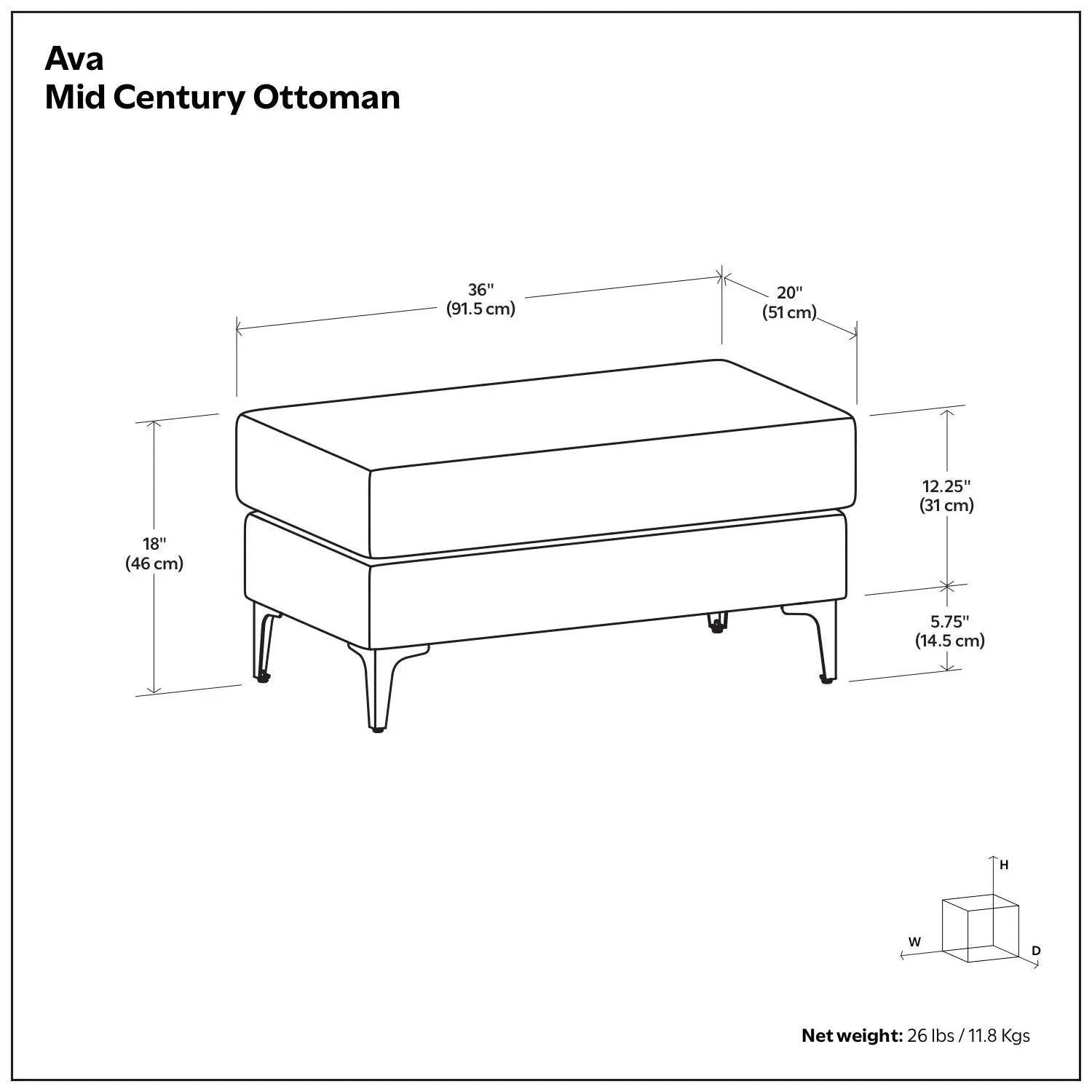 Ava Mid Century Ottoman, upholstered ottoman with tapered legs by Unique Piece Furniture on Tampa Home & Garden Store
