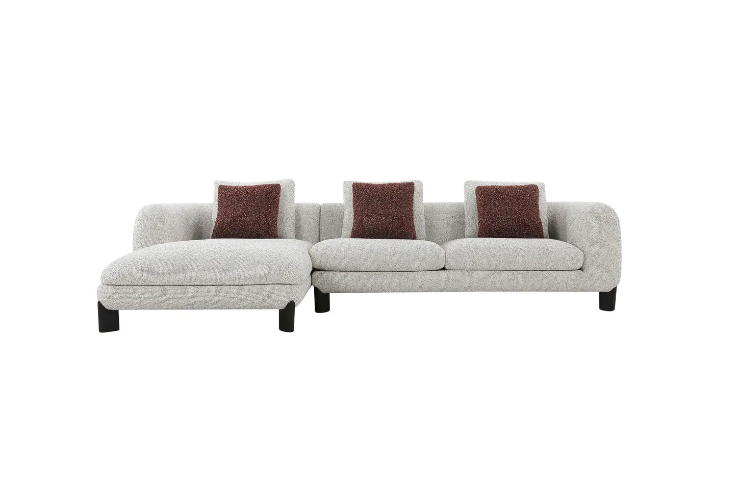 Mardi Tweed Sectional Sofa with 3 pillows; beige tweed upholstery and maroon cushions on Tampa Home & Garden Store