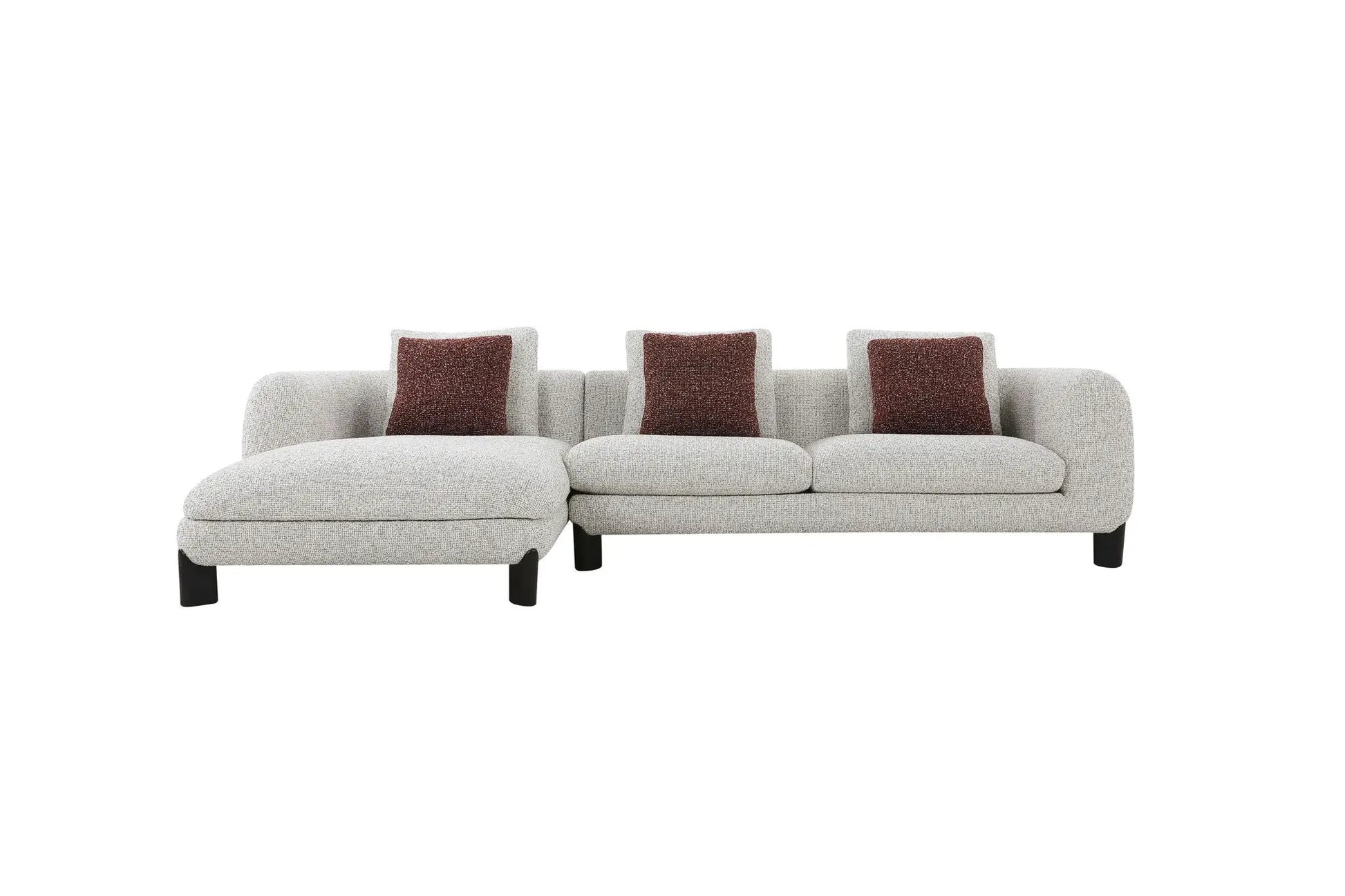 Mardi Tweed Sectional Sofa with 3 pillows; beige tweed upholstery and maroon cushions on Tampa Home & Garden Store