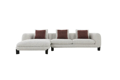 Mardi Tweed Sectional Sofa with 3 pillows; beige tweed upholstery and maroon cushions on Tampa Home & Garden Store