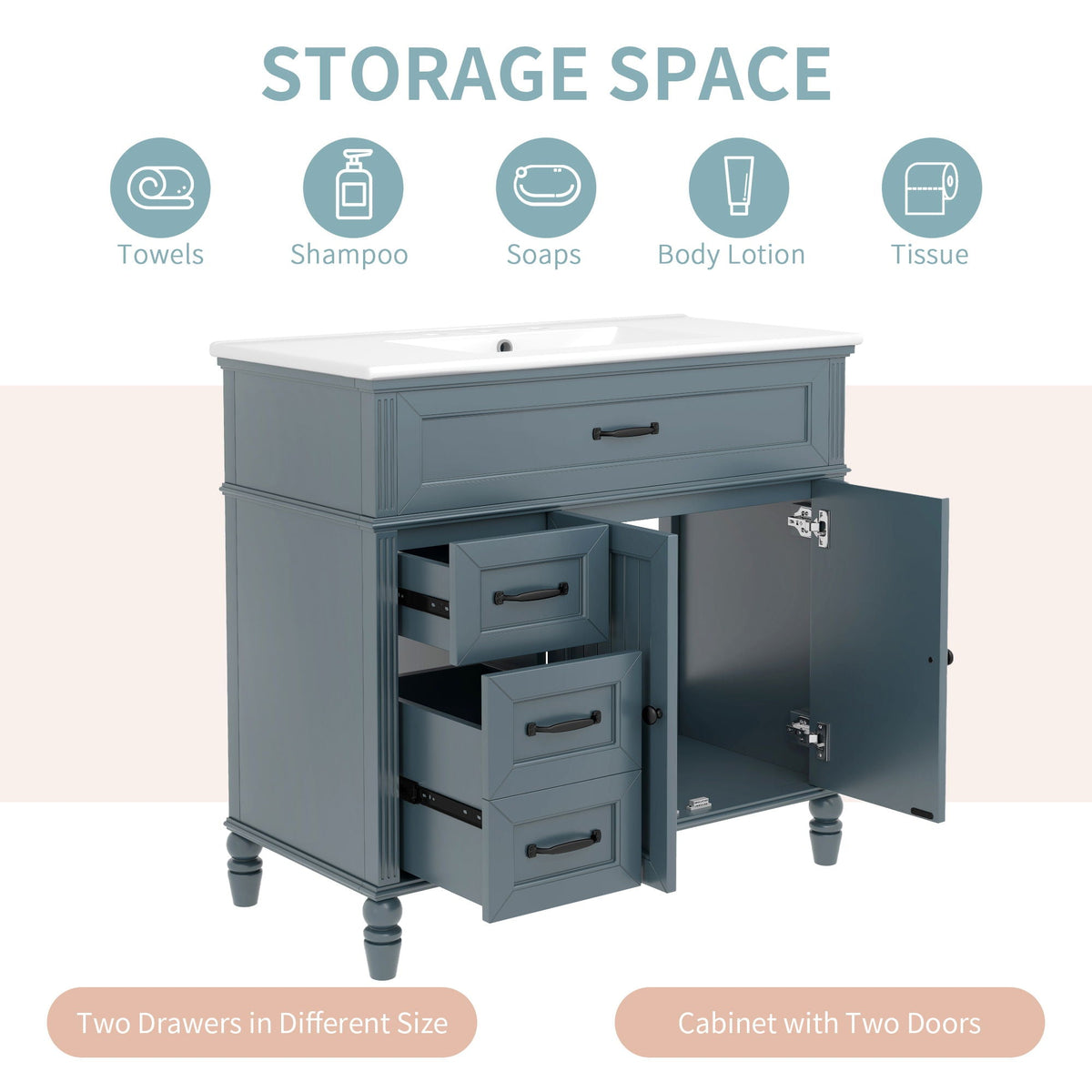 Bathroom vanity with sink and drawers by HouseOfZazla freestanding blue-gray cabinet on Tampa Home & Garden Store