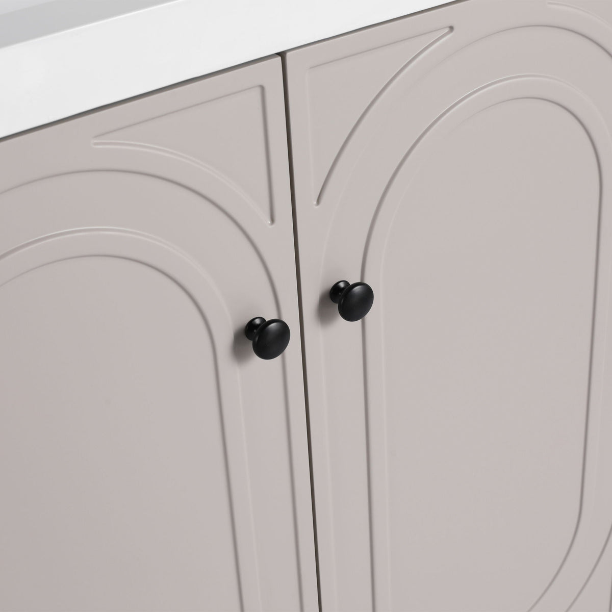 Freestanding bathroom vanity with arched panel doors, light gray finish, soft-close hardware on Tampa Home & Garden Store