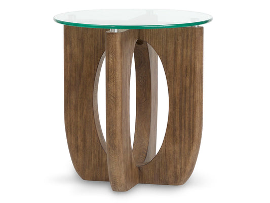 Lainey end table by Unique Piece Furniture; round glass top on brown wood base with ring legs on Tampa Home & Garden Store