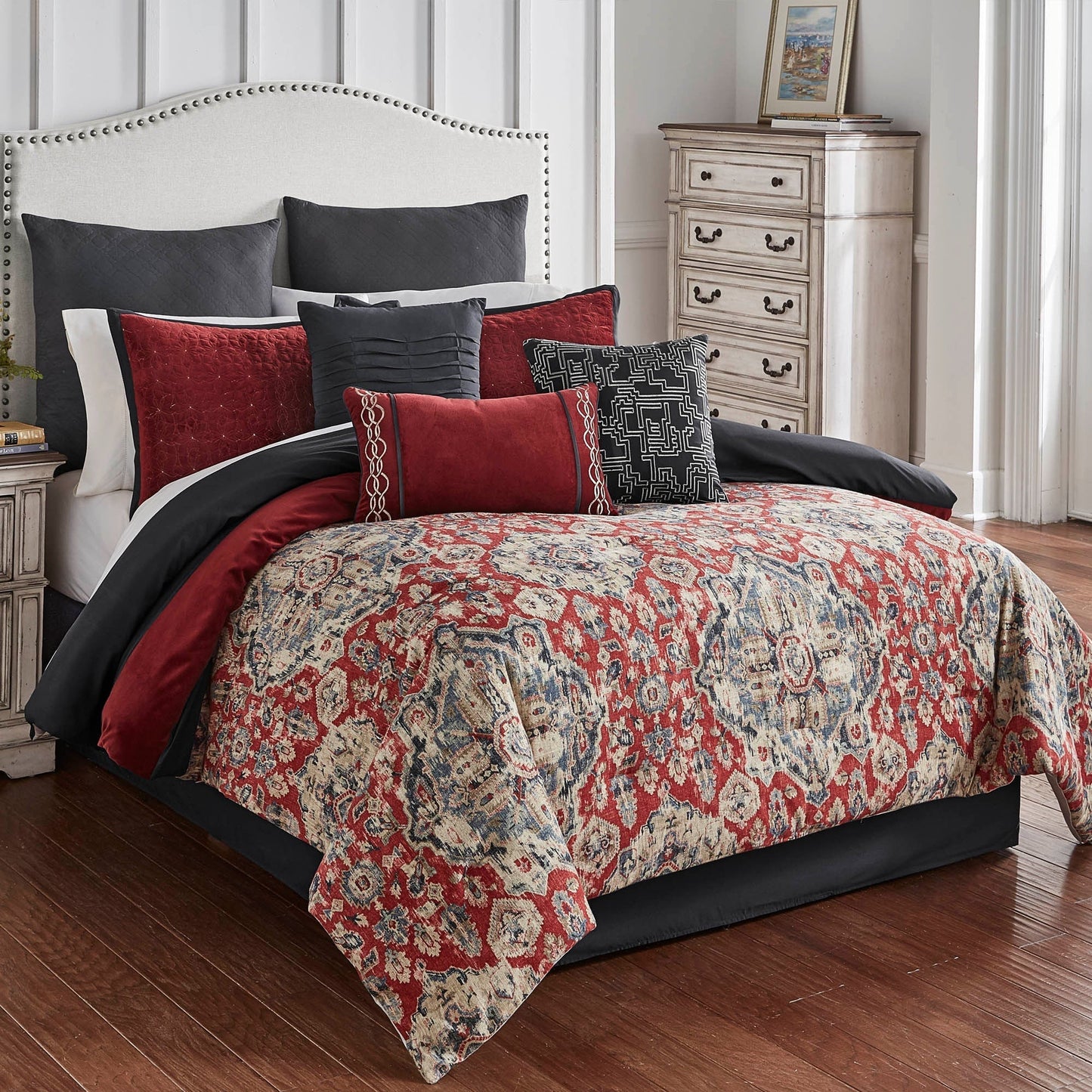 Sadler 9-Pc Burgundy & Blue Comforter Ensemble by HouseOfZazla navy quilt with pillows on Tampa Home & Garden Store