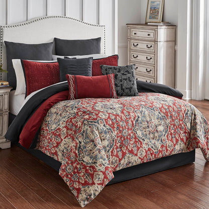 Sadler 9-Pc Burgundy & Blue Comforter Ensemble by HouseOfZazla navy quilt with pillows on Tampa Home & Garden Store