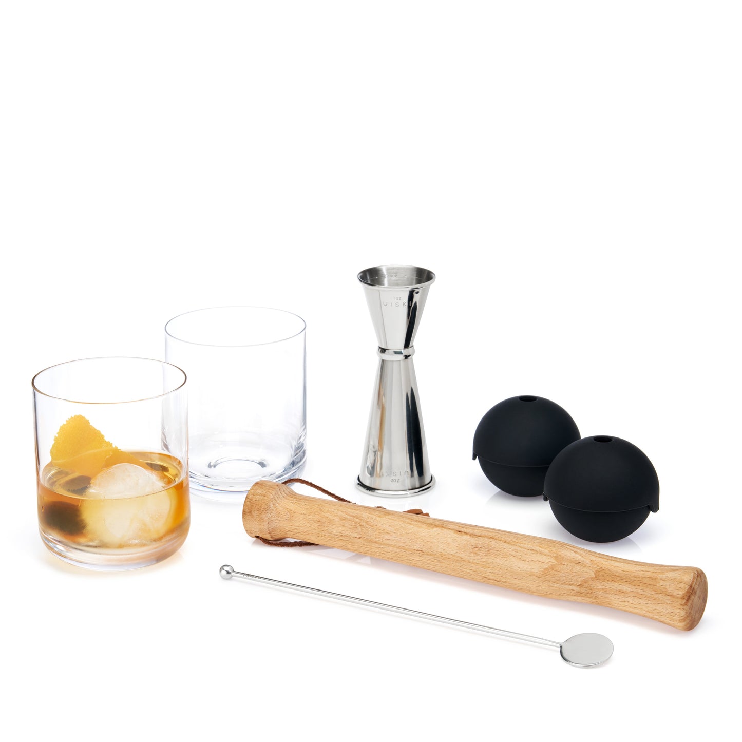 Stainless Steel Muddler Bar Set and Glassware