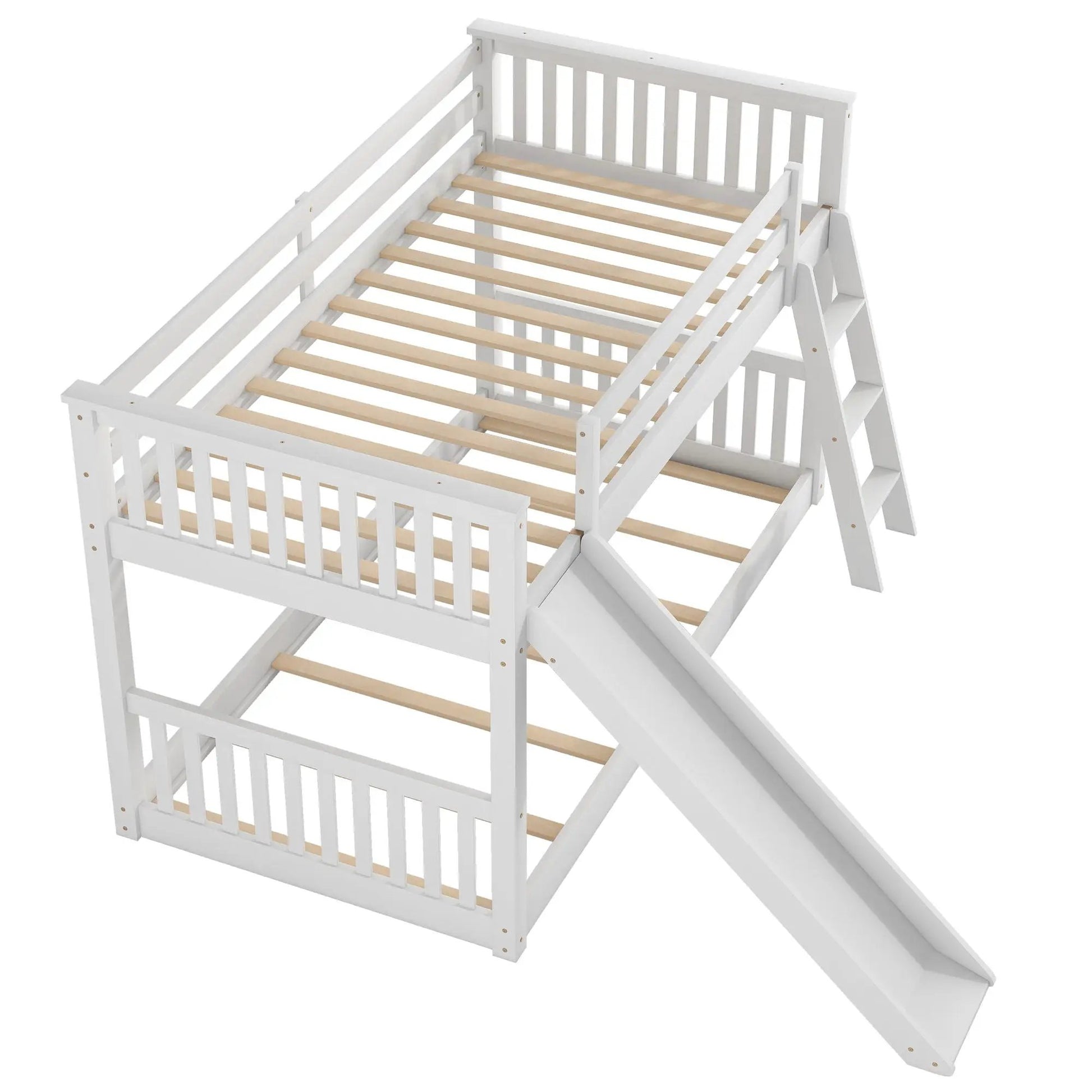 White wooden bunk bed with convertible slide and ladder, wood slats, by Unique Piece Furniture on Tampa Home & Garden Store