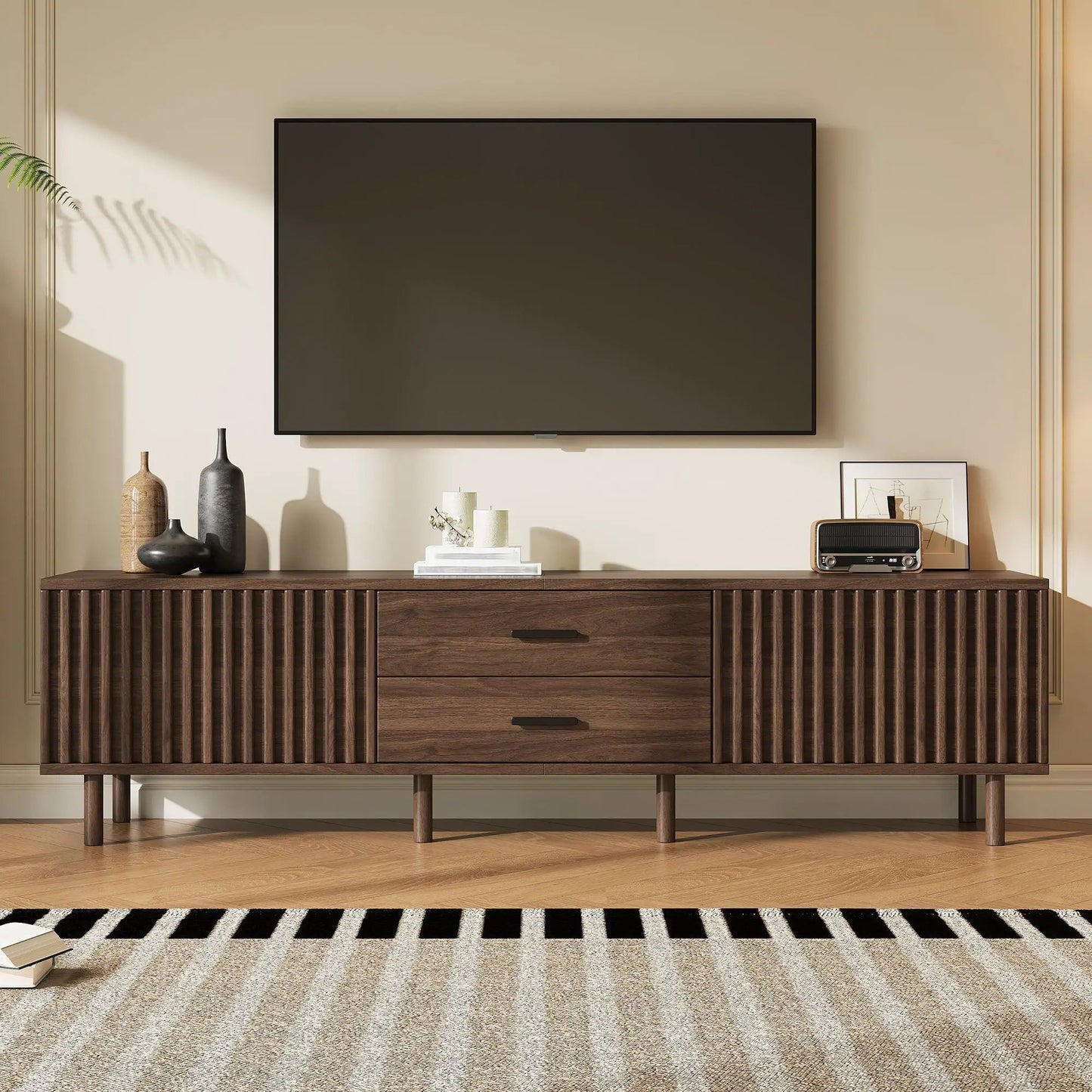 Dark brown TV stand and media console with grooved front for up to 80in TVs on Tampa Home & Garden Store