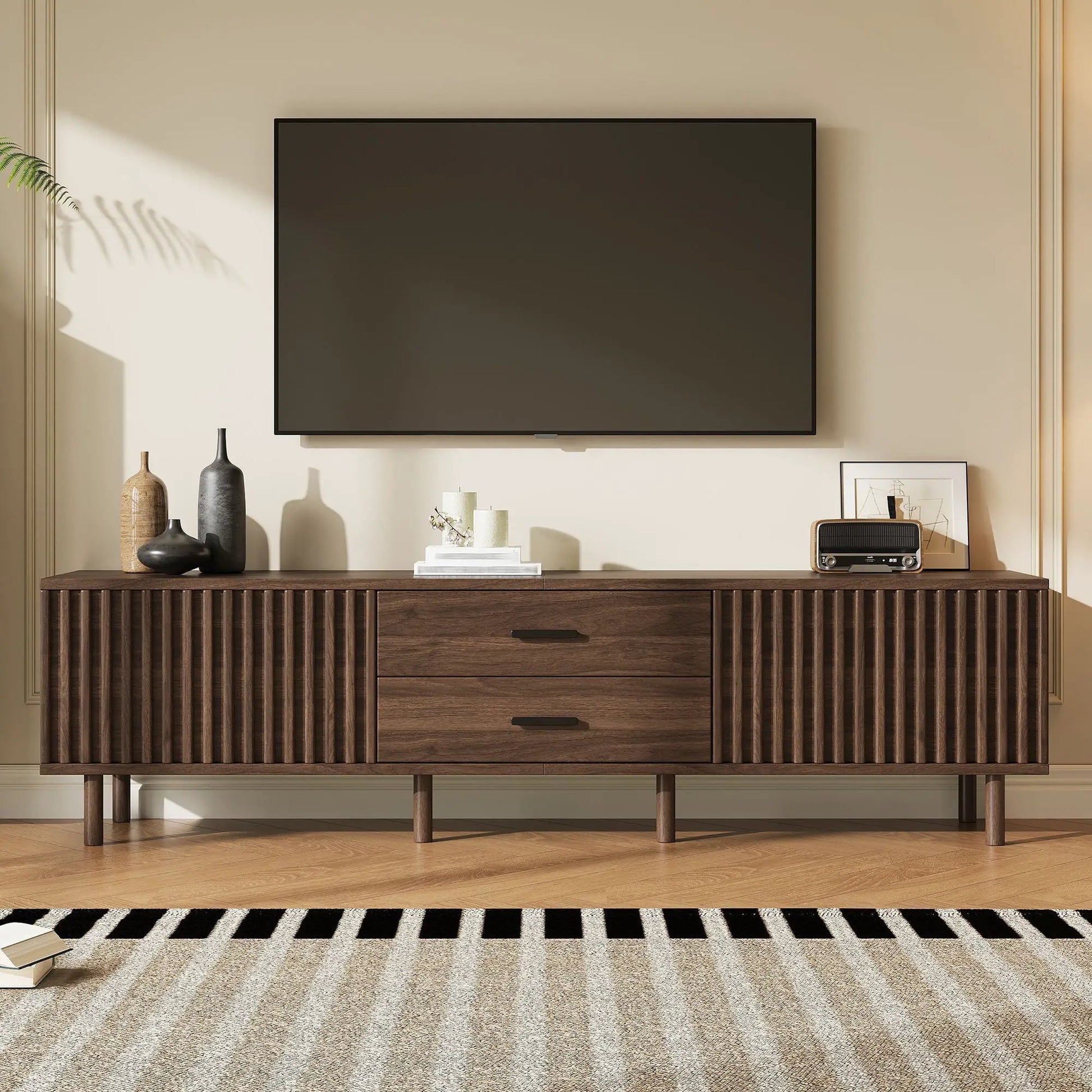 Dark brown TV stand and media console with grooved front for up to 80in TVs on Tampa Home & Garden Store