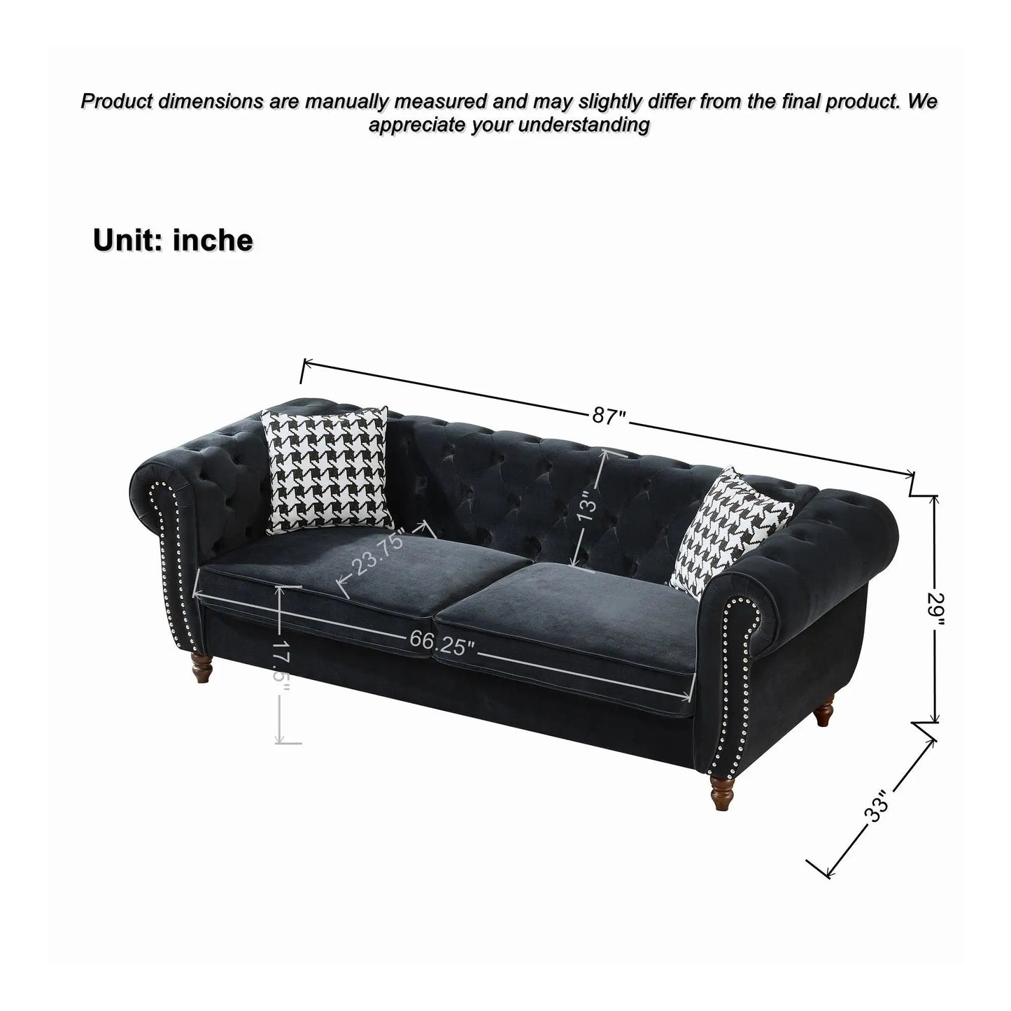 Chesterfield Upholstery Fabric Sofa with roll arms and nailhead trim, black velvet Unique Piece on Tampa Home & Garden Store
