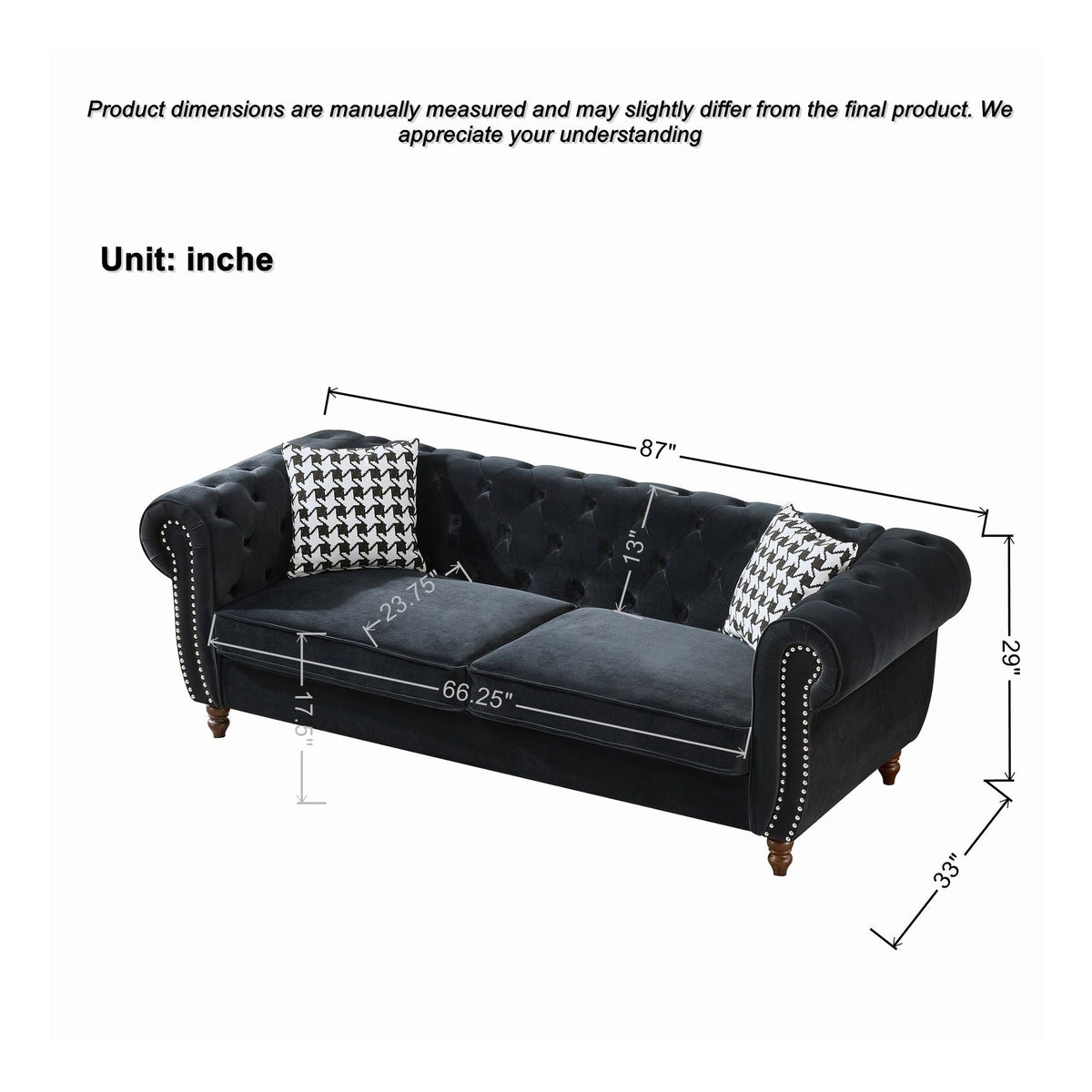 Chesterfield black velvet sofa with roll arms and nailhead trim, 2-piece mid-century 3-seat on Tampa Home & Garden Store