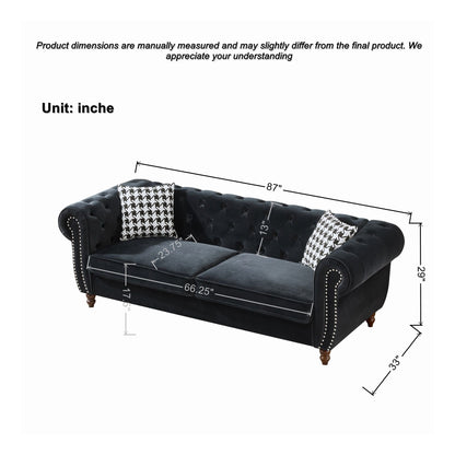 Chesterfield black velvet sofa with roll arms and nailhead trim, 2-piece mid-century 3-seat on Tampa Home & Garden Store
