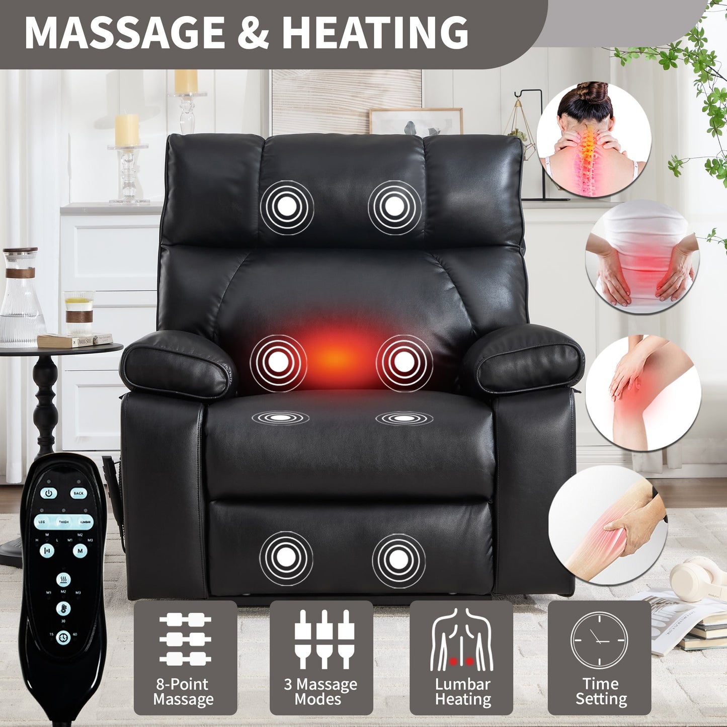 Black Leatheraire Heat Massage Recliner with heating and massage nodes in black leather on Tampa Home & Garden Store