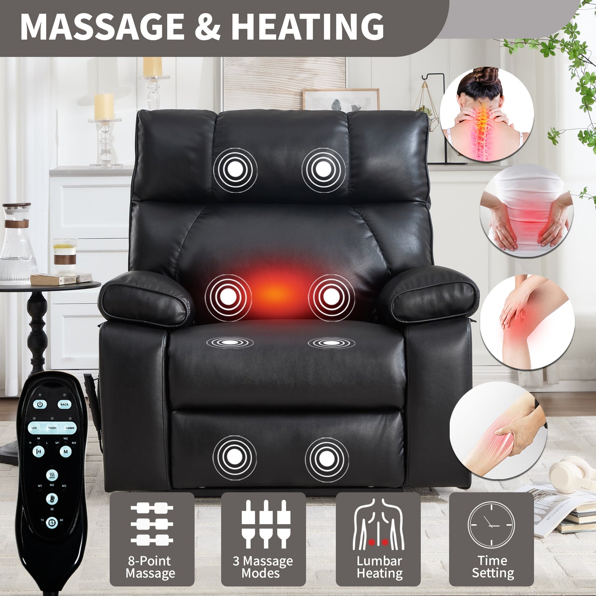 Black Leatheraire Heat Massage Recliner with heating and massage nodes in black leather on Tampa Home & Garden Store