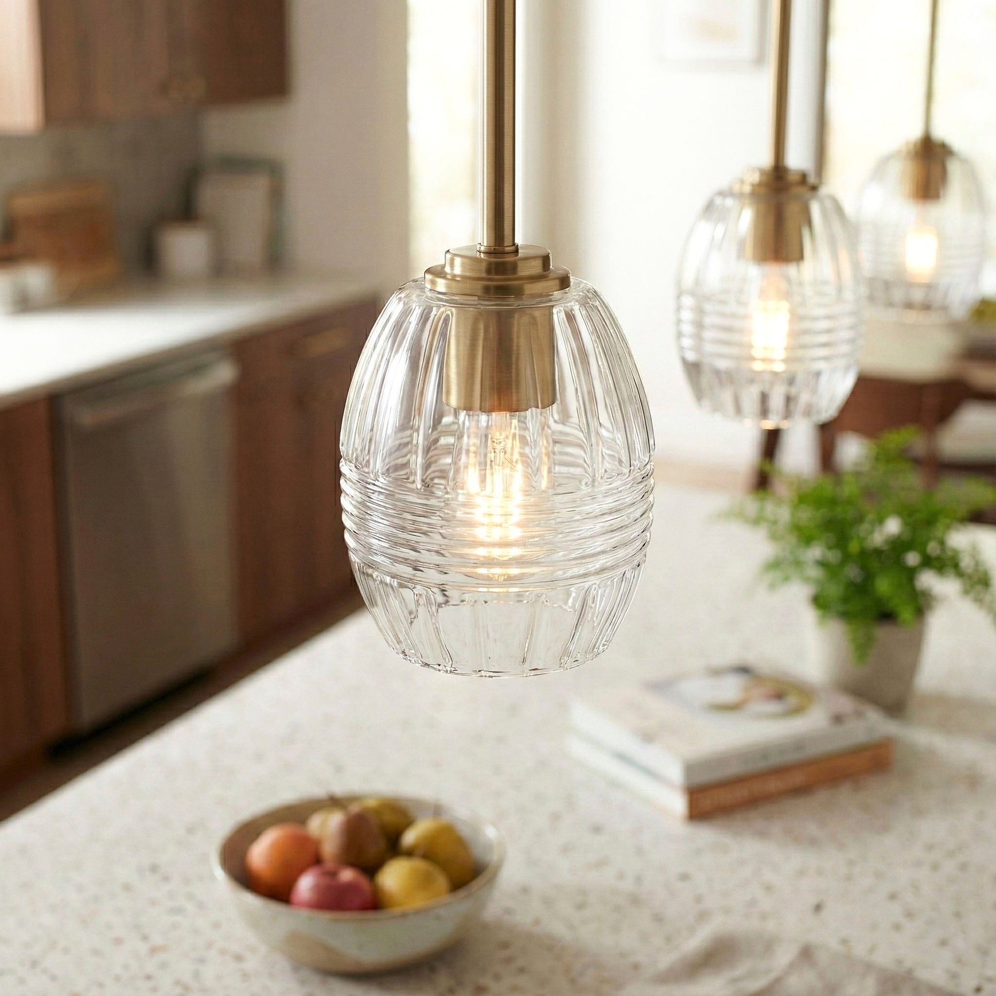 Vista pendant light set of 3 with clear ribbed glass shades and gold hardware by HouseOfZazla on Tampa Home & Garden Store