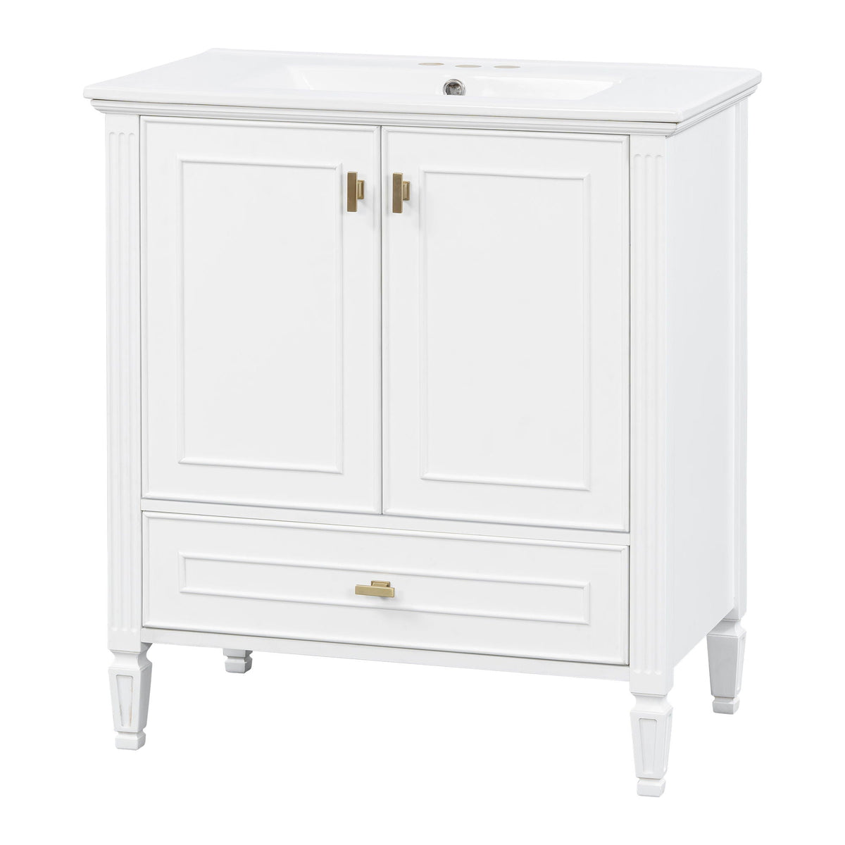 White freestanding vanity with drawer and soft-close doors, brass hardware, two-panel doors, fluted legs on Tampa Home & Garden Store
