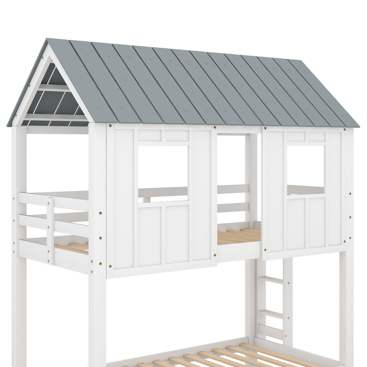 Twin size HouseOfZazla bunk bed white with gray roof panels, right side ladder, trundle on Tampa Home & Garden Store