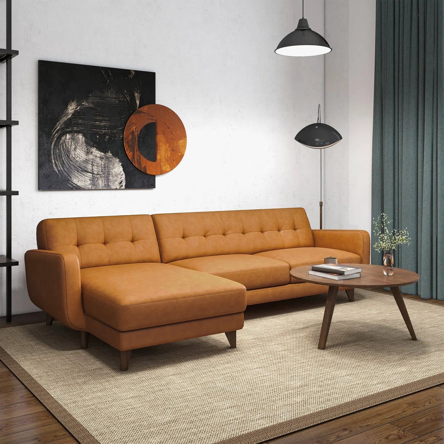 Allison mid-century sectional sofa chaise tan leather, stationary by Unique Piece Furniture on Tampa Home & Garden Store