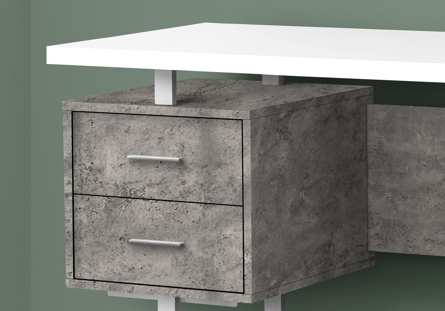 Computer desk with storage drawers, white top and gray textured base with metal handles on Tampa Home & Garden Store
