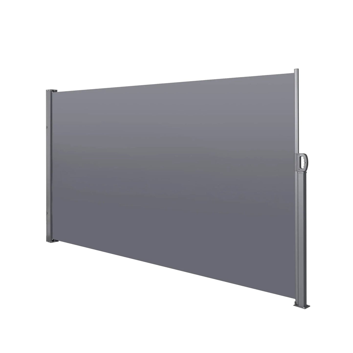 Retractable side screen awning in gray fabric with aluminum frame and wall brackets on Tampa Home & Garden Store