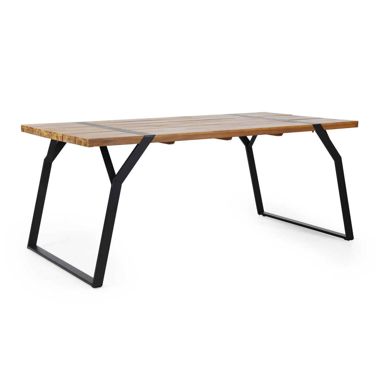 Zora dining table with weather-resistant acacia wood top and black industrial iron frame on Tampa Home & Garden Store