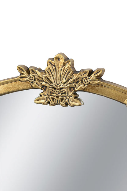 Round wall mirror with gold finish and decorative leaf crest by HouseOfZazla on Tampa Home & Garden Store