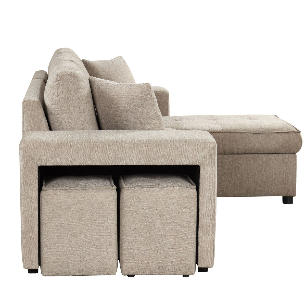 Beige fabric modern L-shape sleeper sectional with storage chaise and 2 stools by HouseOfZazla on Tampa Home & Garden Store