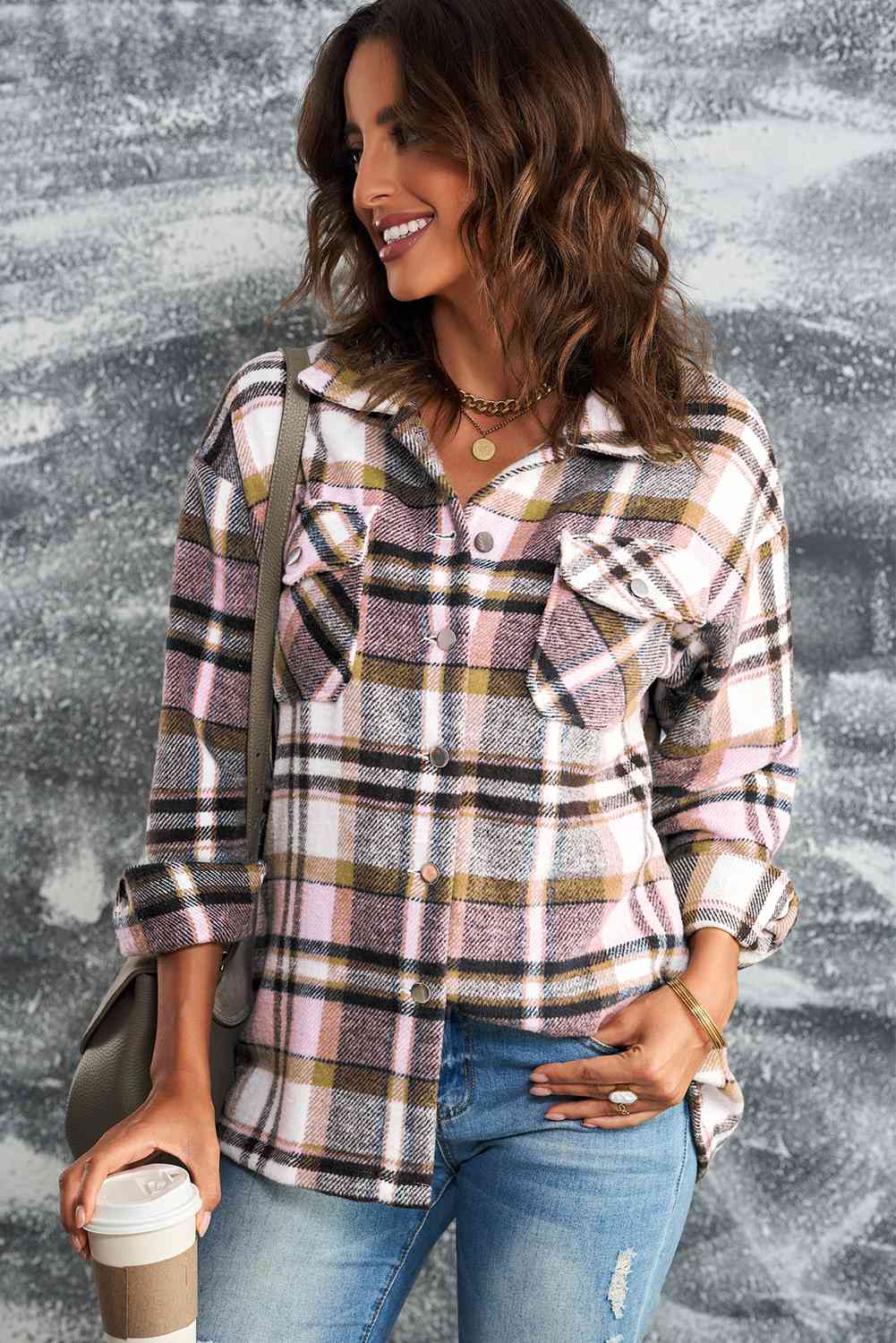 Stevvex Classic Plaid Button Front Shirt Jacket with breast pockets in pink beige olive plaid on Tampa Home & Garden Store