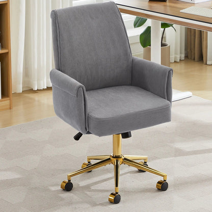 Ergonomic mid-back swivel office chair in gray corduroy with a gold pedestal base on Tampa Home & Garden Store