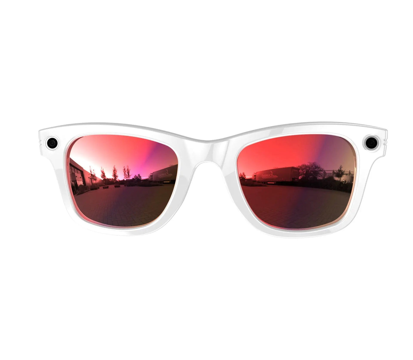 Smart glasses white frame with red mirrored lenses and dual side cameras on Tampa Home & Garden Store