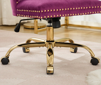 Office chair purple velvet tufted upholstery with gold studs and a gold pedestal base on Tampa Home & Garden Store