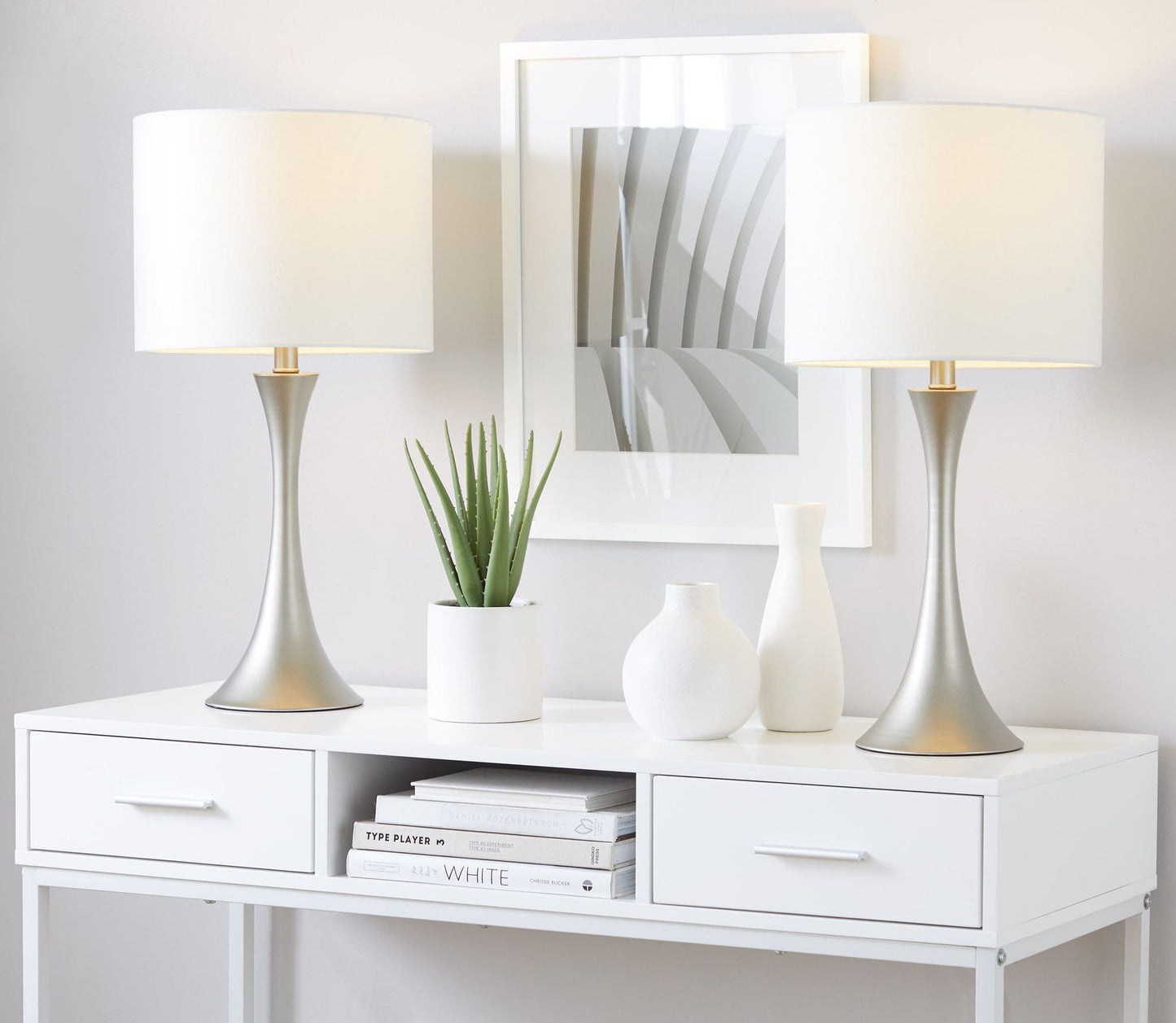 Lenuxe contemporary table lamp set of 2 with white drum shades and silver bases on Tampa Home & Garden Store