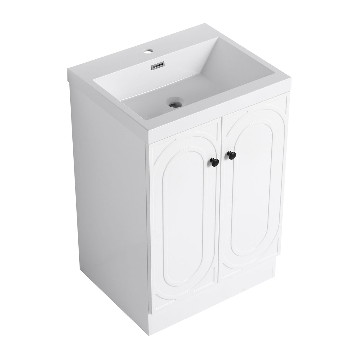 Freestanding vanity with resin sink, white cabinet, 2 paneled doors, black knobs, HouseOfZazla on Tampa Home & Garden Store