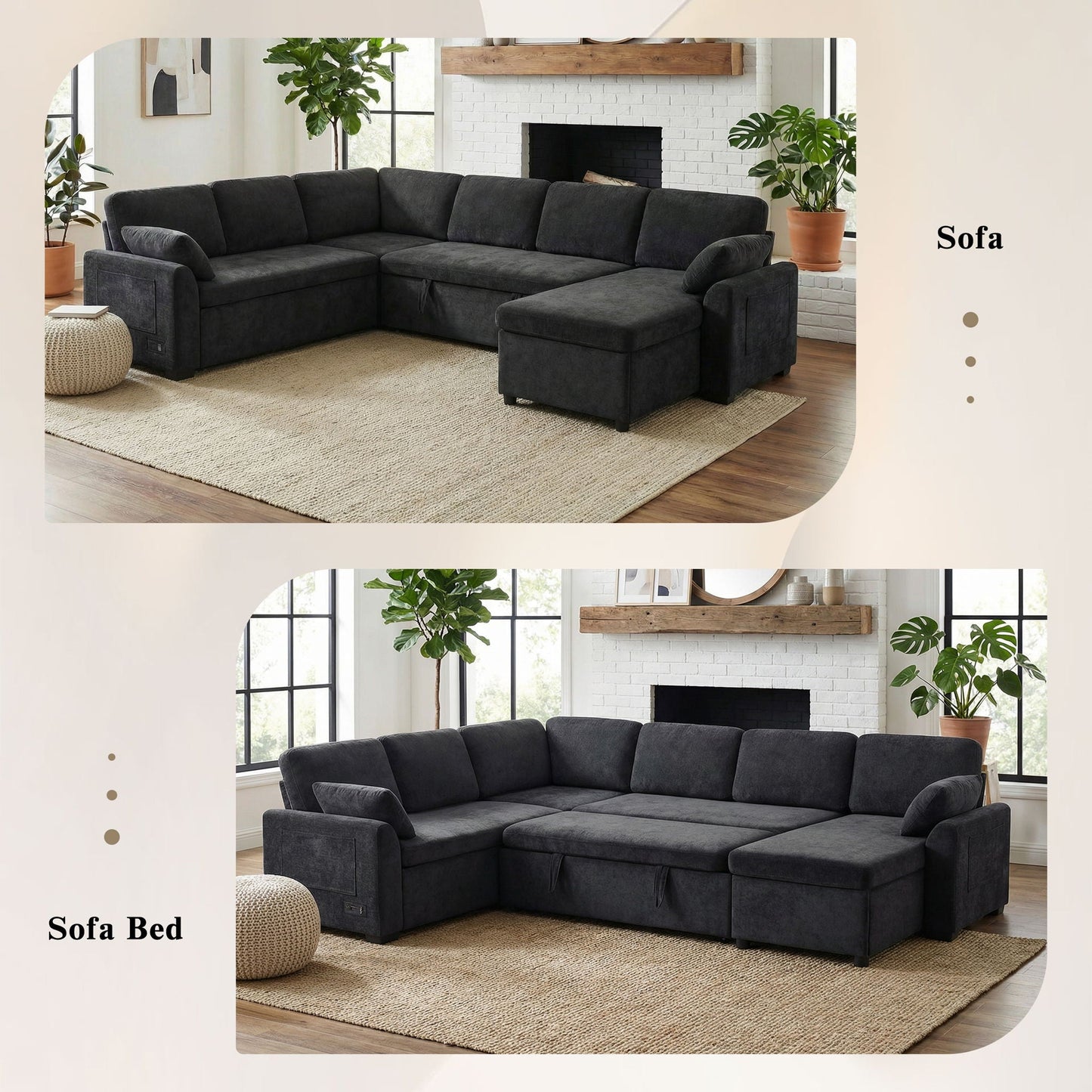 Convertible U-shaped sectional sofa bed by HouseOfZazla in charcoal fabric on Tampa Home & Garden Store
