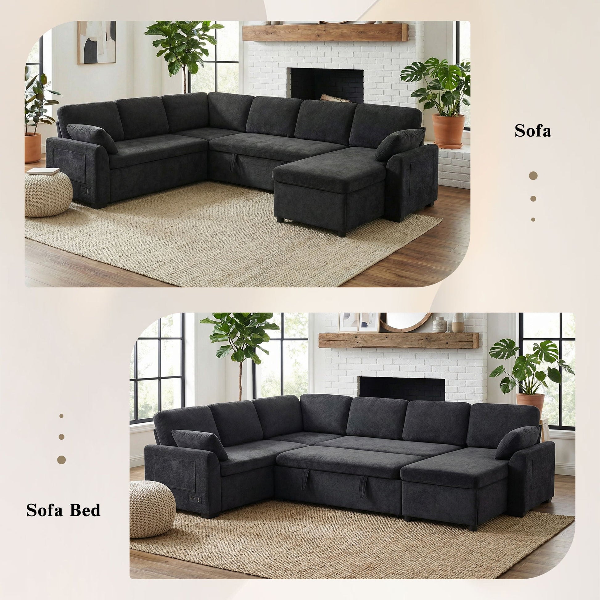 Convertible U-shaped sectional sofa bed by HouseOfZazla in charcoal fabric on Tampa Home & Garden Store