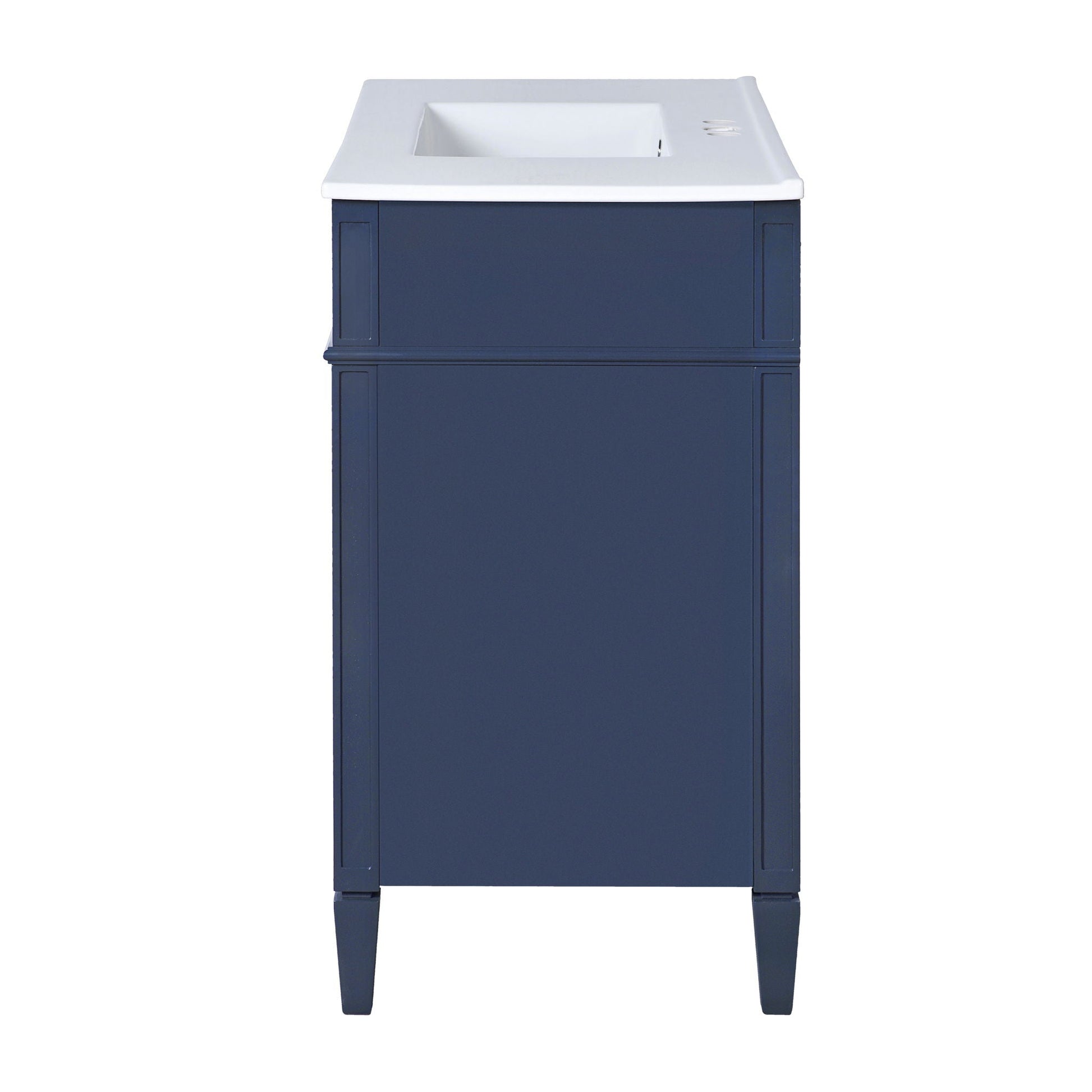 Bathroom vanity with blue finish, white top and square sink cutout, modern storage cabinet on Tampa Home & Garden Store