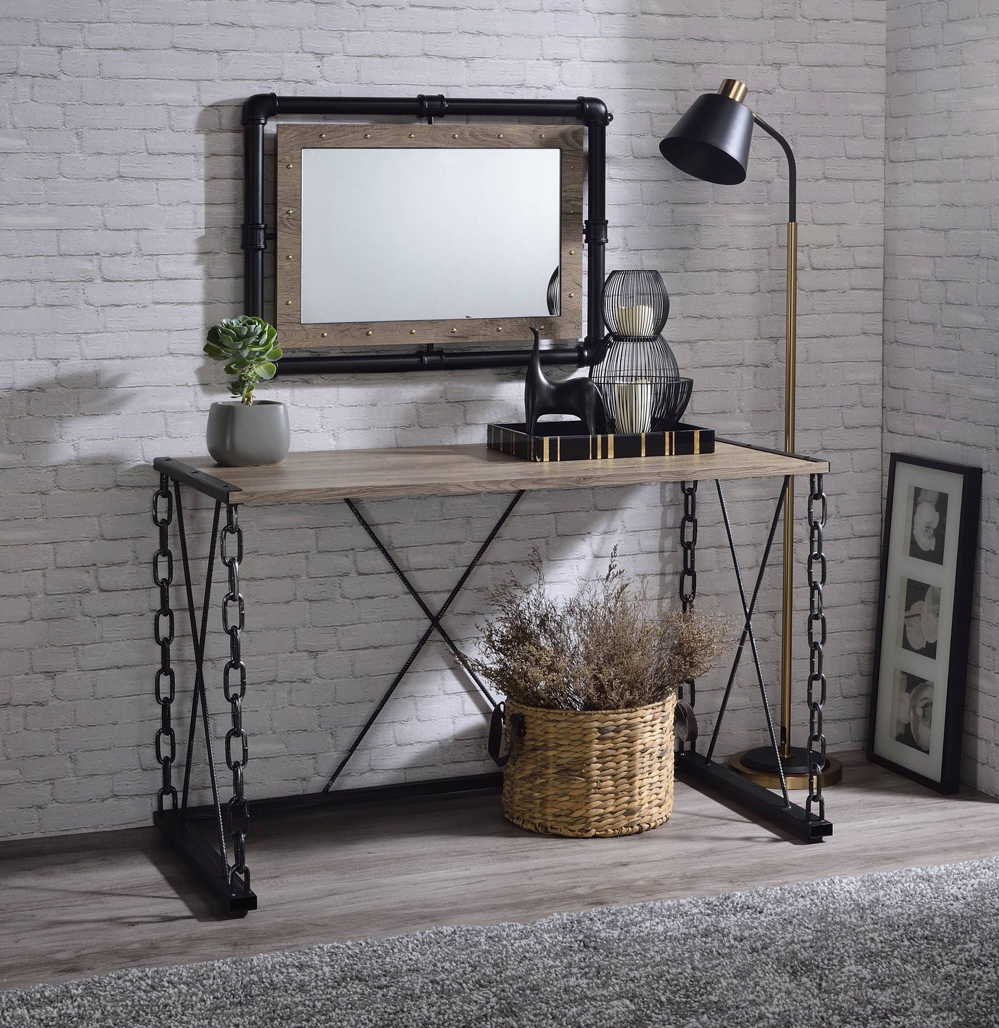 Jodie Console Table Rustic Oak top with Antique Black metal frame for console use on Tampa Home & Garden Store
