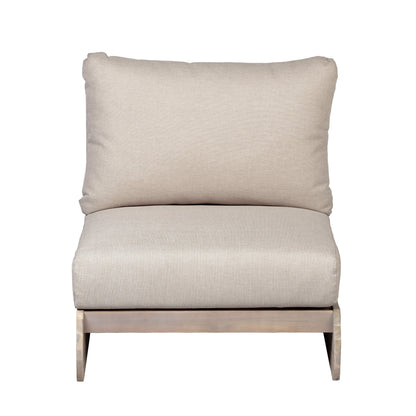 Outdoor Acacia Lazy 5 Seater Chat Set with beige fabric cushions on a wooden base on Tampa Home & Garden Store