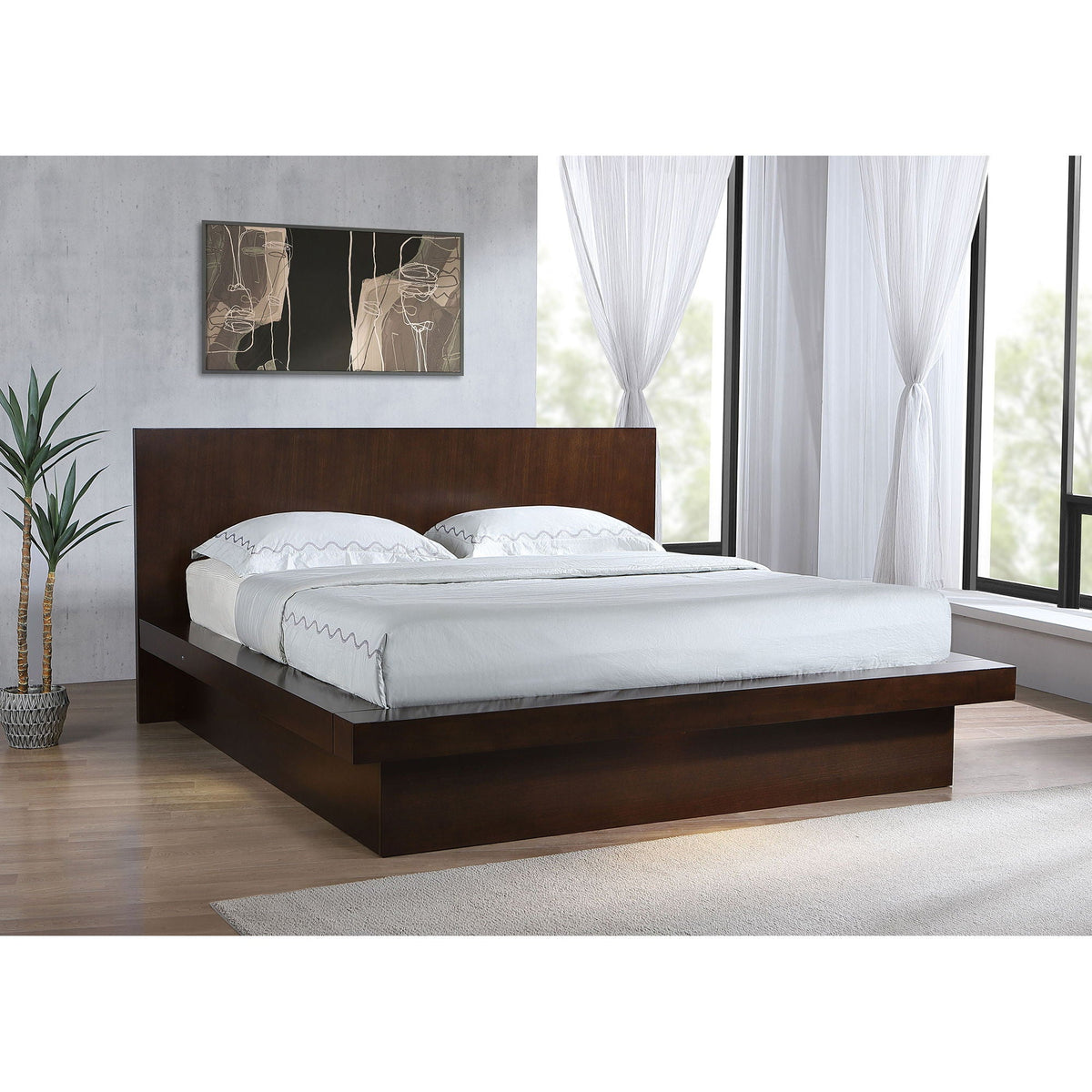 Tokyo LED Panel Bed with Structured Headboard by HouseOfZazla in dark wood platform frame on Tampa Home & Garden Store