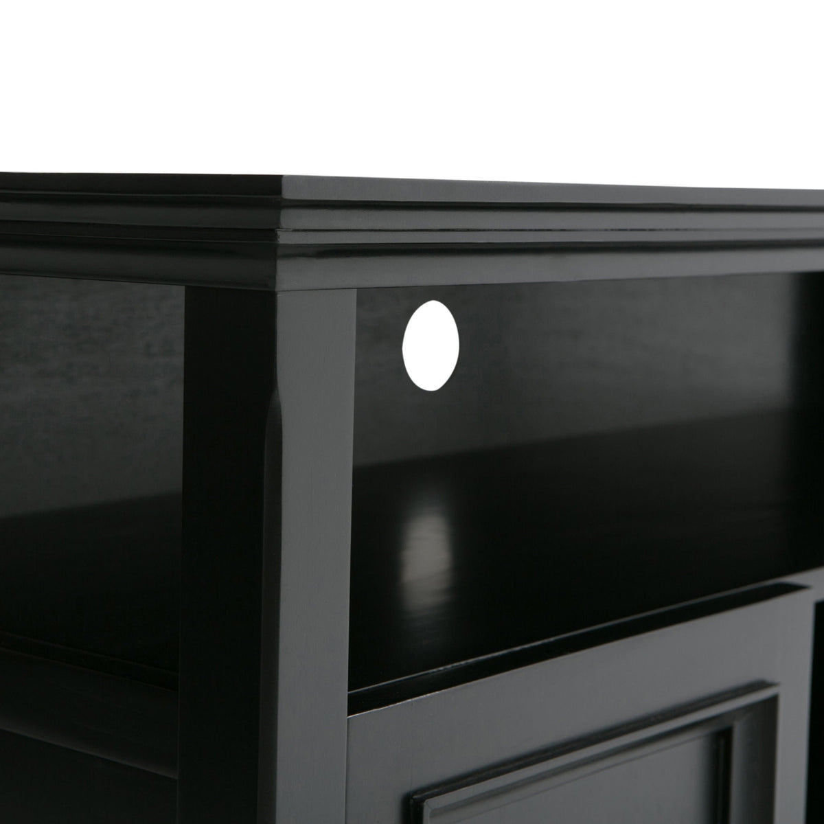 Solid wood TV stand with adjustable shelves in black finish, cable pass-through hole on Tampa Home & Garden Store