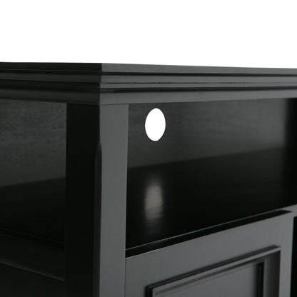 Solid wood TV stand with adjustable shelves in black finish, cable pass-through hole on Tampa Home & Garden Store