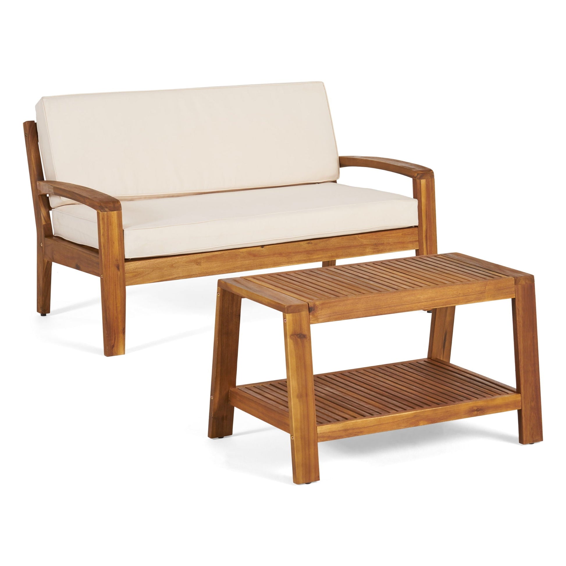 2 Piece Outdoor Conversation Set Loveseat & Coffee Table with beige water-resistant cushions on Tampa Home & Garden Store
