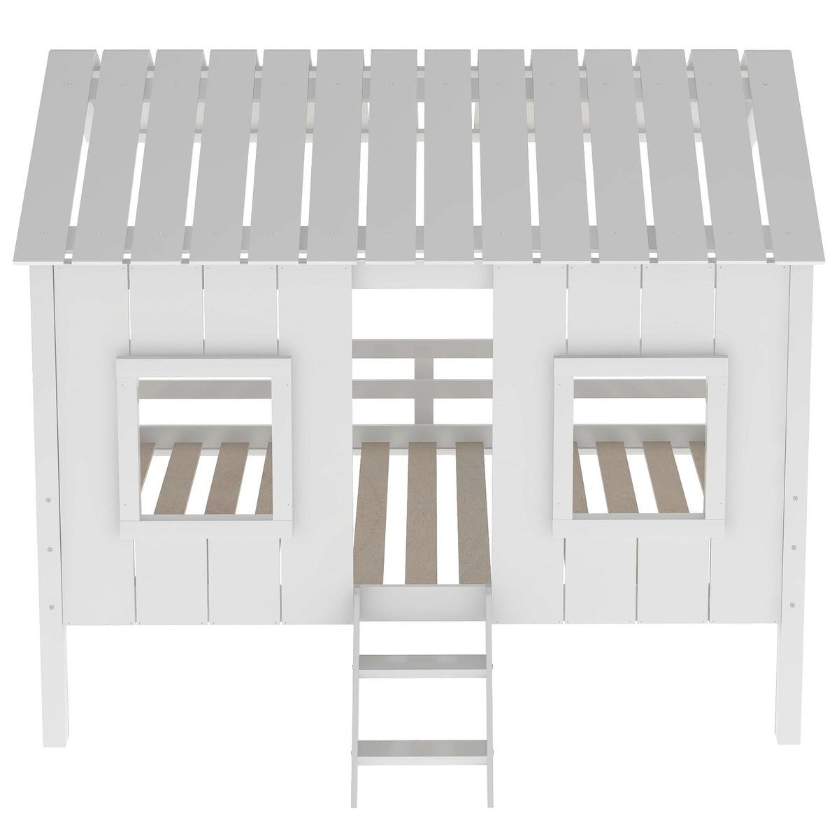 Twin size low loft house bed with roof and 2 front windows, white, HouseOfZazla on Tampa Home & Garden Store